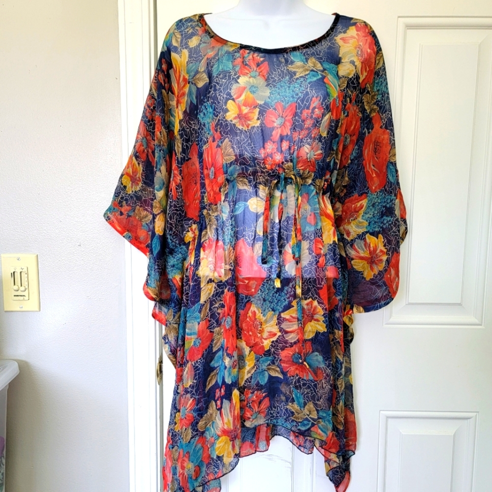 Sunflower Colorful Sheer Floral Swim Cover Kimono Kaftan Flowy One Size